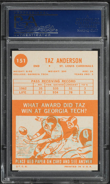 1963 Topps FB Card #151 Taz Anderson St. Louis Cardinals ROOKIE RC PSA 7 NRMT (MGD2)
