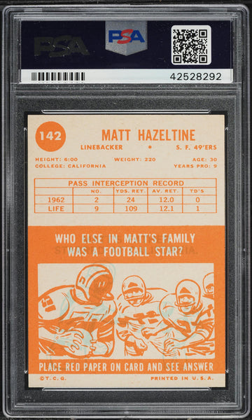 1963 Topps FB Card #142 Matt Hazeltine San Francisco 49ers HOF PSA 7 NRMT (MGD2)