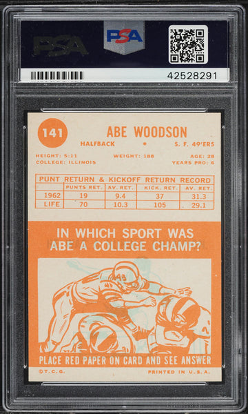 1963 Topps FB Card #141 Abe Woodson San Francisco 49ers PSA 7 NRMT (MGD2)
