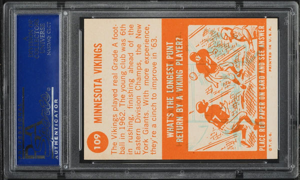 1963 Topps FB Card #109 Minnesota Vikings TEAM CARD PSA 7 NRMT (MGD2)