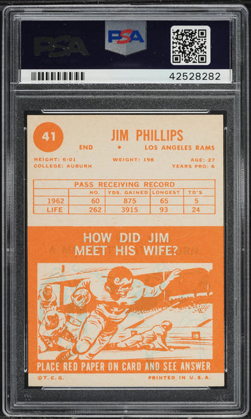 1963 Topps FB Card # 41 Jim Phillips Los Angeles Rams PSA 6 EXMT (MGD2)