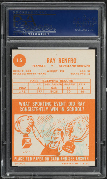 1963 Topps FB Card # 15 Ray Renfro Cleveland Browns SP PSA 6 EXMT (MGD2)