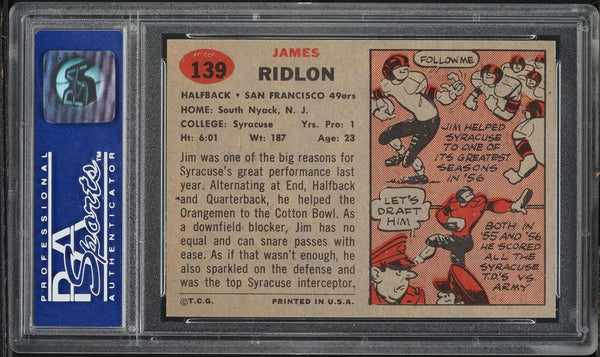 1957 Topps FB Card #139 Jim Ridlon San Francisco 49ers ROOKIE RC PSA 8 NM-MT (MGD2)