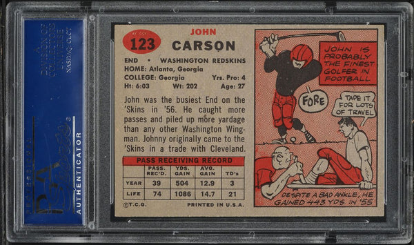 1957 Topps FB Card #123 Johnny Carson Washington Redskins SP PSA 7 NRMT (MGD2)