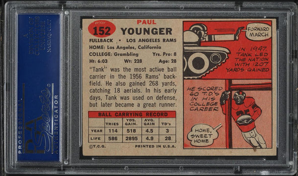 1957 Topps FB Card #152 Tank Younger Los Angeles Rams HOF SP PSA 7 NRMT (MGD2)