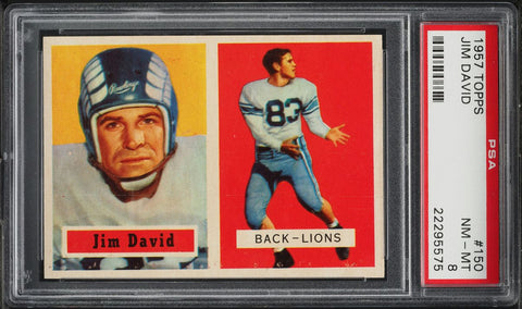 1957 Topps FB Card #150 Jim David Detroit Lions ROOKIE RC SP PSA 8 NM-MT (MGD2)