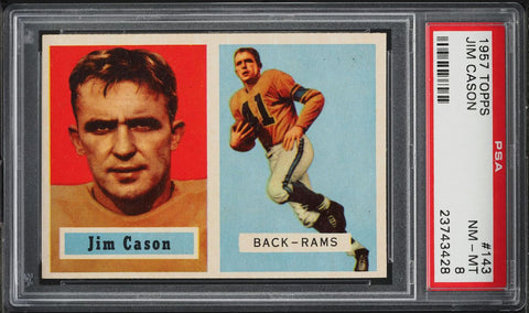 1957 Topps FB Card #143 Jim Cason Los Angeles Rams ROOKIE RC PSA 8 NM-MT (MGD2)