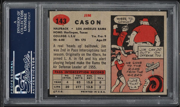 1957 Topps FB Card #143 Jim Cason Los Angeles Rams ROOKIE RC PSA 8 NM-MT (MGD2)