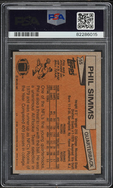 1981 Topps FB Card # 55 Phil Simms New York Giants PSA 8 NM-MT (MGD2)