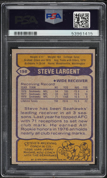 1979 Topps FB Card #198 Steve Largent Seattle Seahawks HOF ALL-PRO PSA 9 MINT (MGD2)