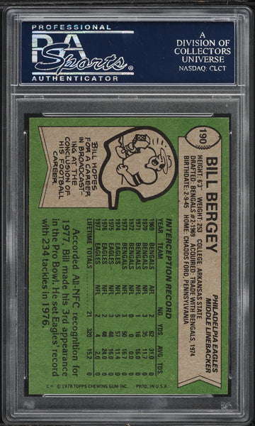 1978 Topps FB Card #190 Bill Bergey Philadelphia Eagles HOF PSA 9 MINT (MGD2)