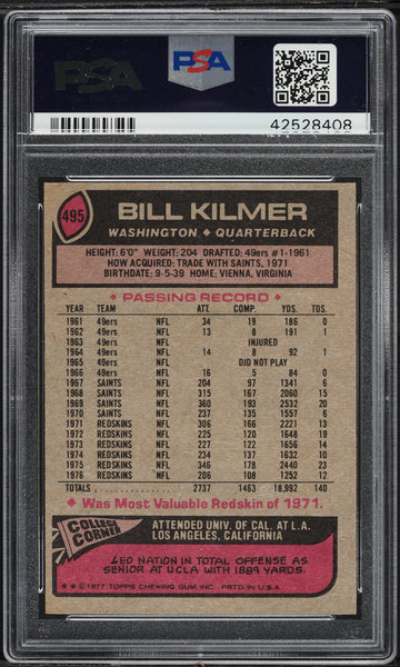 1977 Topps FB Card #495 Bill Kilmer Washington Redskins HOF PSA 8 NM-MT (MGD2)