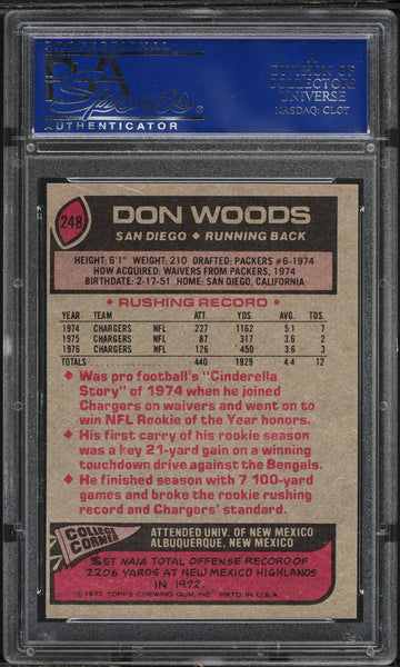 1977 Topps FB Card #248 Don Woods San Diego Chargers PSA 9 MINT (MGD2)
