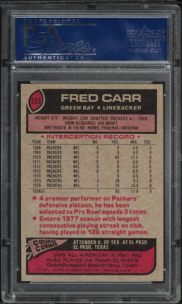 1977 Topps FB Card #133 Fred Carr Green Bay Packers HOF PSA 9 MINT (MGD2)