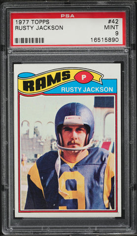 1977 Topps FB Card # 42 Rusty Jackson Los Angeles Rams ROOKIE RC PSA 9 MINT (MGD2)