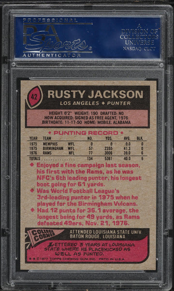 1977 Topps FB Card # 42 Rusty Jackson Los Angeles Rams ROOKIE RC PSA 9 MINT (MGD2)