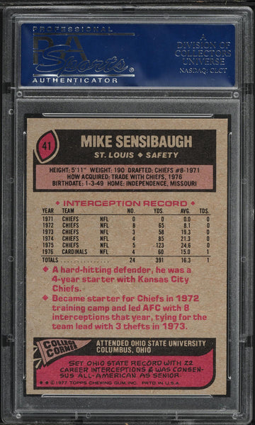 1977 Topps FB Card # 41 Mike Sensibaugh St. Louis Cardinals PSA 9 MINT (MGD2)