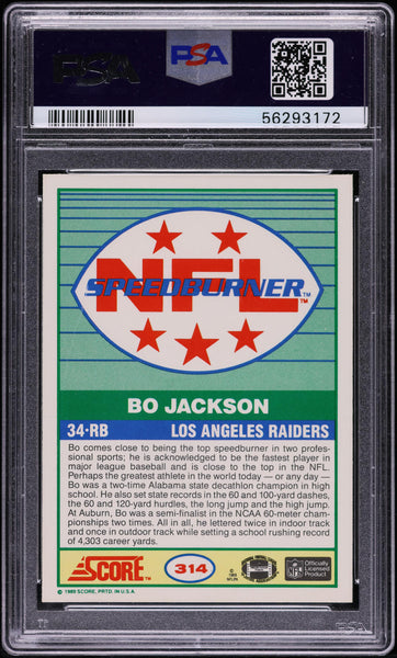 1989 Score FB Card #314 Bo Jackson Los Angeles Raiders HOF PSA 10 GEM MINT (MGD2)