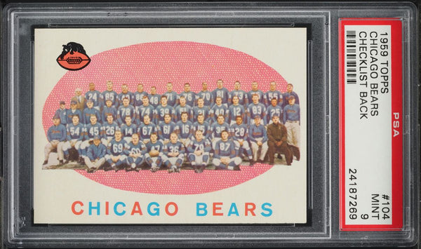 1959 Topps FB Card #104 Chicago Bears TEAM CARD CHECKLIST BACK #104 PSA 9 MINT (MGD2)