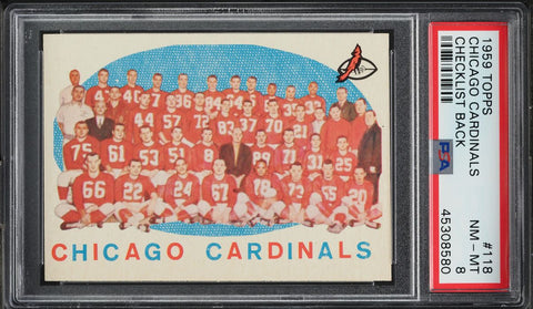 1959 Topps FB Card #118 Chicago Cardinals TEAM CARD CHECKLIST BACK PSA 8 NM-MT (MGD2)