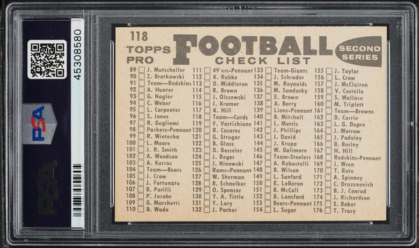1959 Topps FB Card #118 Chicago Cardinals TEAM CARD CHECKLIST BACK PSA 8 NM-MT (MGD2)