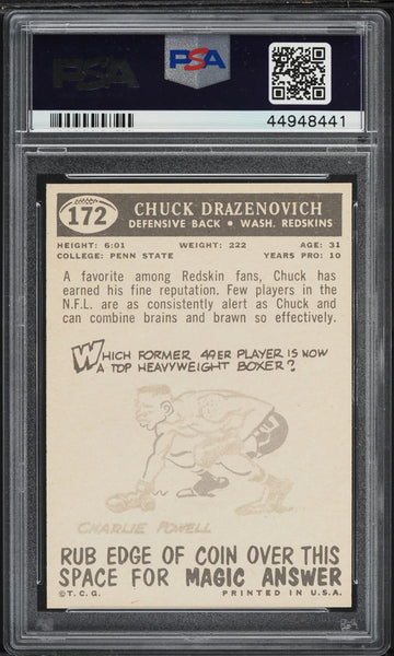 1959 Topps FB Card #172 Chuck Drazenovich Washington Redskins PSA 8 NM-MT (MGD2)
