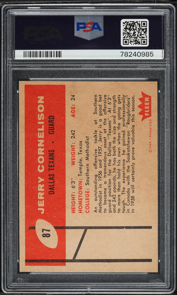 1960 Fleer FB Card # 87 Jerry Cornelison Dallas Texans ROOKIE RC PSA 7 NRMT (MGD2)