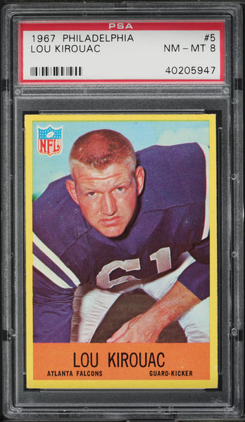 1967 Philadelphia FB Card # 5 Lou Kirouac Atlanta Falcons ROOKIE RC PSA 8 NM-MT (MGD2)