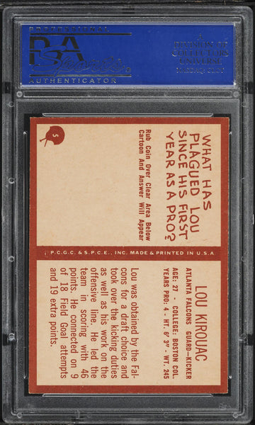 1967 Philadelphia FB Card # 5 Lou Kirouac Atlanta Falcons ROOKIE RC PSA 8 NM-MT (MGD2)