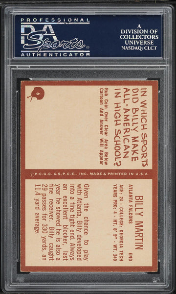 1967 Philadelphia FB Card # 6 Billy Martin Atlanta Falcons ROOKIE RC PSA 8 NM-MT (MGD2)