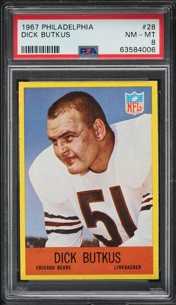 1967 Philadelphia FB Card # 28 Dick Butkus Chicago Bears HOF PSA 8 NM-MT (MGD2)