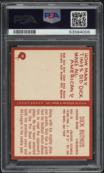 1967 Philadelphia FB Card # 28 Dick Butkus Chicago Bears HOF PSA 8 NM-MT (MGD2)