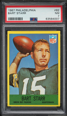 1967 Philadelphia FB Card # 82 Bart Starr Green Bay Packers HOF PSA 7 NRMT (MGD2)