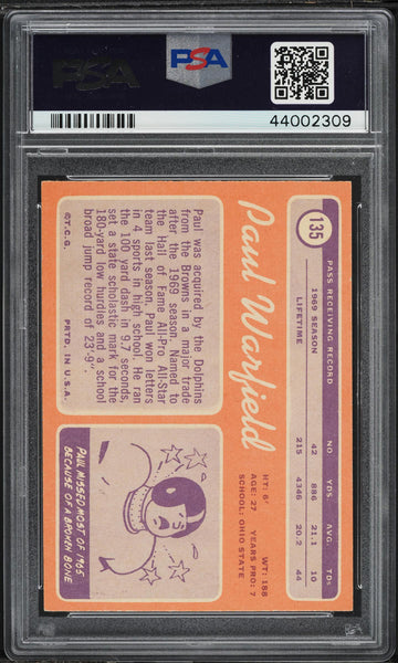 1970 Topps FB Card #135 Paul Warfield Miami Dolphins HOF PSA 8 NM-MT (MGD2)