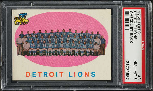 1959 Topps FB Card # 3 Detroit Lions TEAM CARD CHECKLIST BACK PSA 8 NM-MT (MGD2)