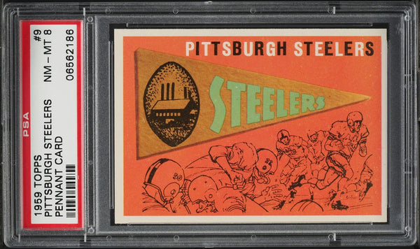 1959 Topps FB Card # 9 Pittsburgh Steelers PENNANT CARD PSA 8 NM-MT (MGD2)