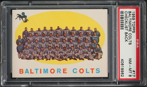 1959 Topps FB Card # 17 Baltimore Colts TEAM CARD CHECKLIST BACK PSA 8 NM-MT (MGD2)