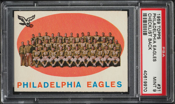 1959 Topps FB Card # 31 Philadelphia Eagles TEAM CARD CHECKLIST BACK PSA 9 MINT (MGD2)