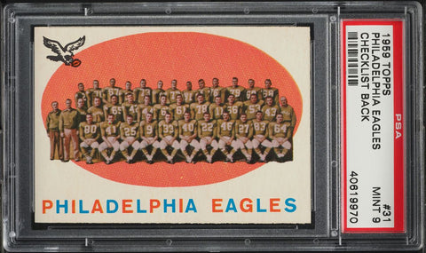 1959 Topps FB Card # 31 Philadelphia Eagles TEAM CARD CHECKLIST BACK PSA 9 MINT (MGD2)
