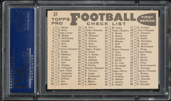1959 Topps FB Card # 31 Philadelphia Eagles TEAM CARD CHECKLIST BACK PSA 9 MINT (MGD2)