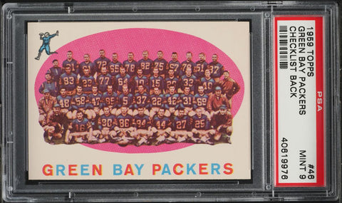 1959 Topps FB Card # 46 Green Bay Packers TEAM CARD CHECKLIST BACK PSA 9 MINT (MGD2)