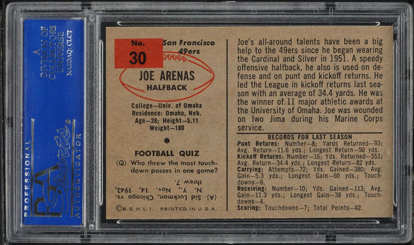 1954 Bowman FB Card # 30 Joe Arenas San Francisco 49ers ROOKIE RC PSA 7 NRMT (MGD2)