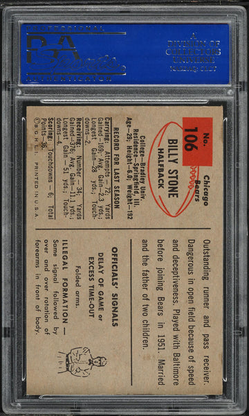 1954 Bowman FB Card #106 Billy Stone Chicago Bears PSA 7 NRMT (MGD2)