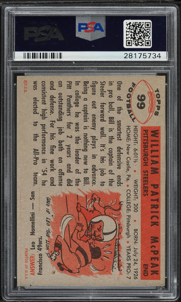 1956 Topps FB Card # 99 Bill McPeak Pittsburgh Steelers PSA 7 NRMT (MGD2)