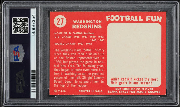 1958 Topps FB Card # 27 Washington Redskins TEAM CARD PSA 8 NM-MT (MGD2)