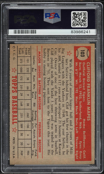 1952 Topps BB Card #103 Cliff Mapes Detroit Tigers PSA 7 NRMT (MGD2)