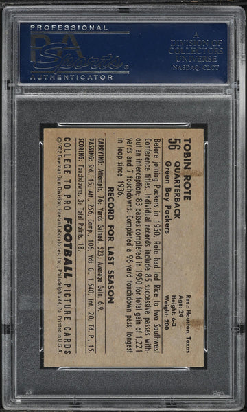 1952 Bowman Small FB Card # 56 Tobin Rote Green Bay Packers HOF PSA 6 EXMT (MGD2)
