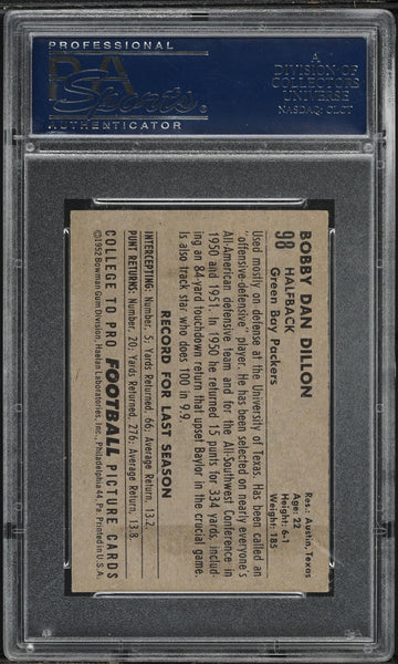1952 Bowman Small FB Card # 98 Bobby Dillon Packers ROOKIE RC HOF PSA 6 EXMT (MGD2)