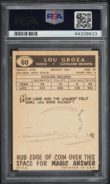 1959 Topps FB Card # 60 Lou Groza Cleveland Browns HOF PSA 8 NM-MT (MGD2)