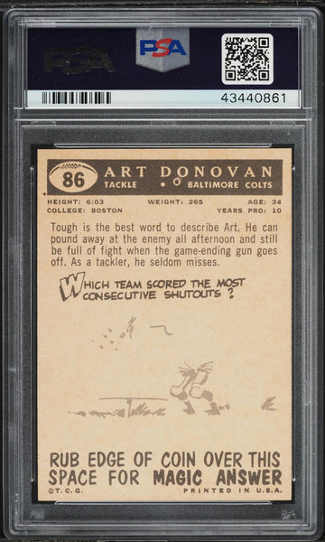 1959 Topps FB Card # 86 Art Donovan Baltimore Colts HOF PSA 8 NM-MT (MGD2)
